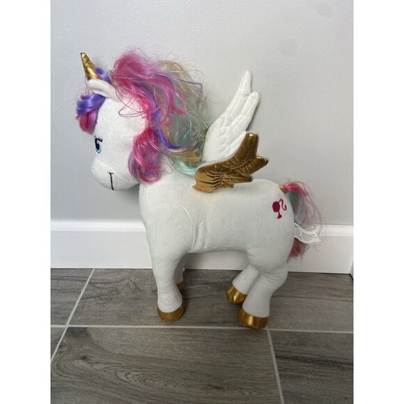 Barbie Dreamtopia Rainbow Unicorn Plush Toy White Gold Wings Rainbow Hair - Picture 11 of 12